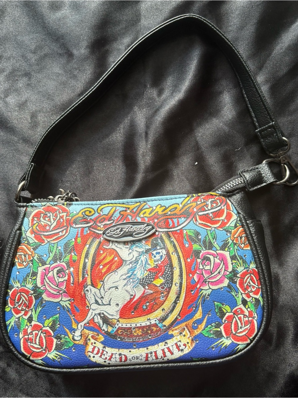 Ed Hardy Blue 'Dead or Alive' Floral Shoulder Bag